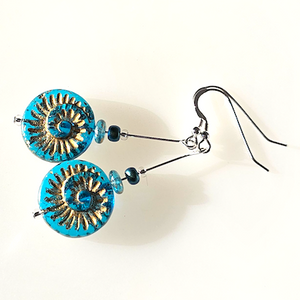 Teal/golden, glass ammonite hook earrings Teal/golden, glass ammonite hook earrings