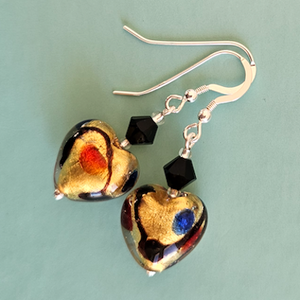 Golden multi Murano heart, hook earrings Golden multi Murano heart, hook earrings
