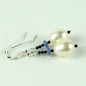 Freshwater pearls, tanzanite & black spinel hook earrings Freshwater pearls, tanzanite & black spinel hook earrings