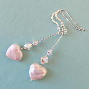 Freshwater pearl heart & crystal long hook earrings Freshwater pearl heart & crystal long hook earrings