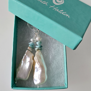 Freshwater 'stick' pearls & larimar hook earrings Freshwater 'stick' pearls & larimar hook earrings