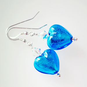Aqua, Murano glass heart, hook earrings. Aqua, Murano glass heart, hook earrings.