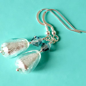 White, Murano glass tear drop, hook earrings. White, Murano glass tear drop, hook earrings.