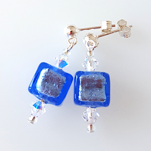 Blue silver foil lined Murano cube post earrings Blue silver foil lined Murano cube post earrings