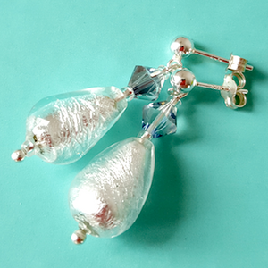 White, Murano tear drop, post earrings White, Murano tear drop, post earrings