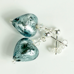 Blue/grey Lamp-work heart post earrings Blue/grey Lamp-work heart post earrings