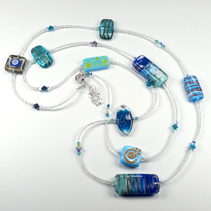 Aqua lamp-work beads & crystal, long necklace Aqua lamp-work beads & crystal, long necklace