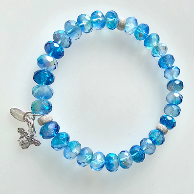 Aqua Czech glass stretch bracelet with bee charm