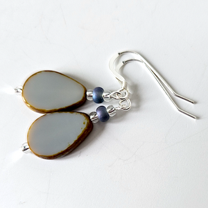 Grey, pear shaped, glass hook earrings