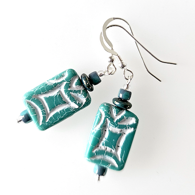 Rustic Aqua/white rectangle hook earrings