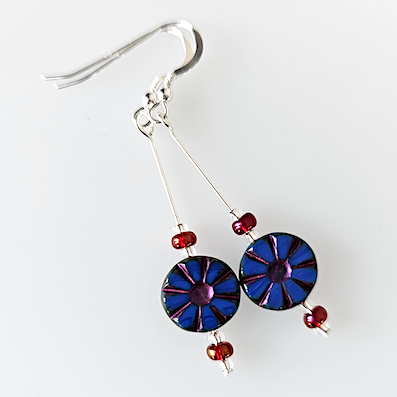 Cobalt/red wheel hook earrings