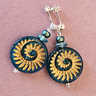 Teal/golden, glass ammonite post earrings