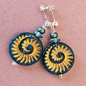 Teal/golden, glass ammonite post earrings