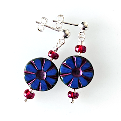 Cobalt/red wheel post earrings