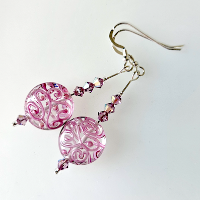Pink lacy lampwork hook earrings