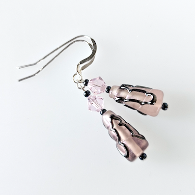 Pink and steel grey Lampwork hook earrings