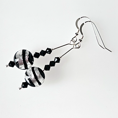 Black/silver swirl Murano hook earrings