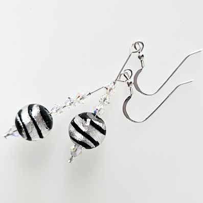 Silver/black swirl, Murano hook earrings