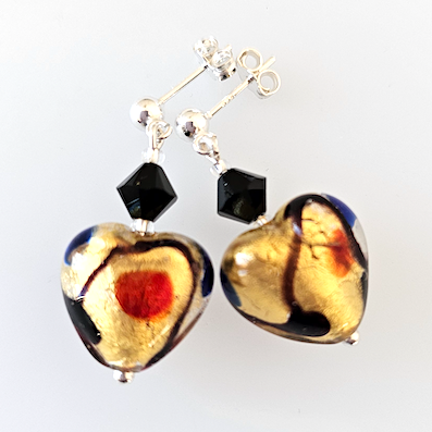 Golden multi Murano hearts, post earrings.