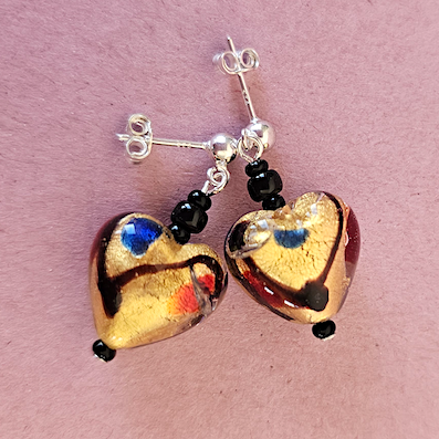 Golden multi with black Murano heart post earrings