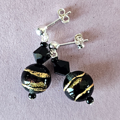 Black/gold Murano swirl post earrings