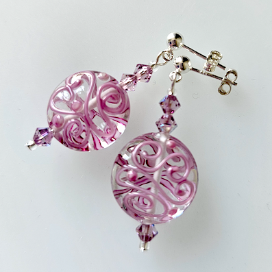 Pink lacy lampwork post earrings