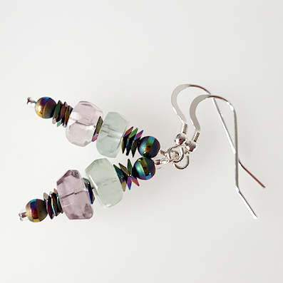Faceted fluorite & electroplated hematite hook earrings