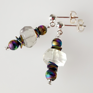 Faceted fluorite & electroplated hematite post earrings