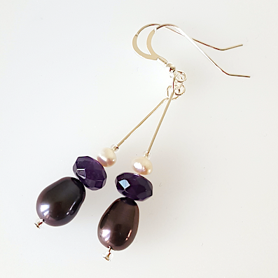 Peacock pearl and amethyst long hook earrings