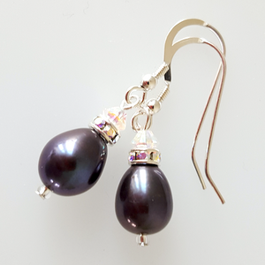 Peacock pearl & European crystal, short hook earrings