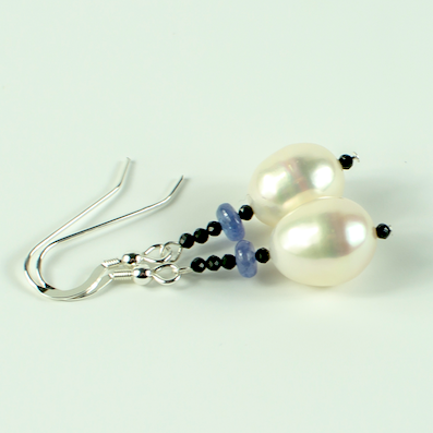 Freshwater pearls, tanzanite & black spinel hook earrings