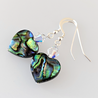 Abalone & crystal heart, hook earrings