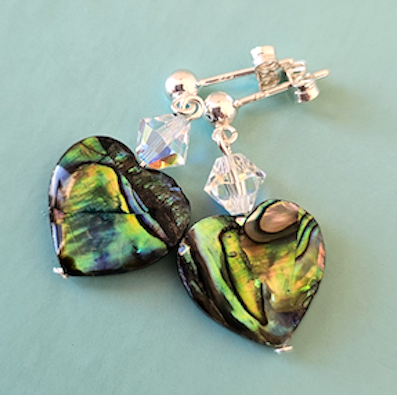 Abalone hearts & crystal, post earrings