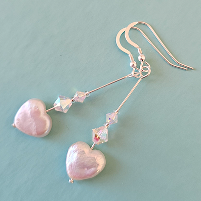 Freshwater pearl heart & crystal long hook earrings