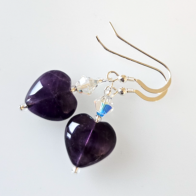 Amethyst hearts & crystal, short hook earrings.