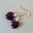 Amethyst hearts & crystal, short hook earrings.