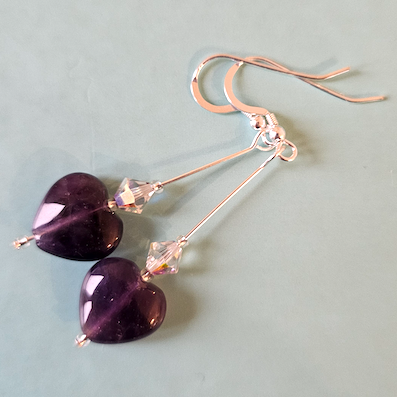Amethyst hearts & crystal long hook earrings