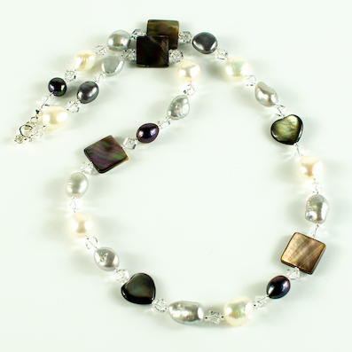 Freshwater pearl, shell & rock crystal necklace