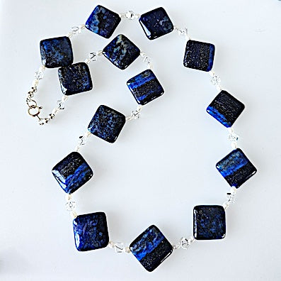 Lapis lazuli, rock crystal & freshwater pearl necklace