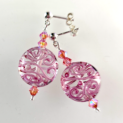 Pink lacy lampwork post earrings