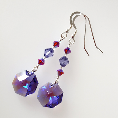 Purple hexagonal crystal hook earrings