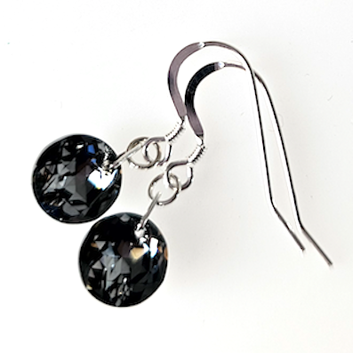 Black diamond crystal, domed disc hook earrings