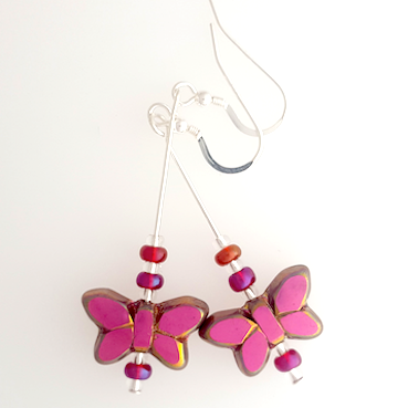Pink metallic butterfly hook earrings