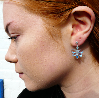 Ice blue Czech glass butterfly post earrings