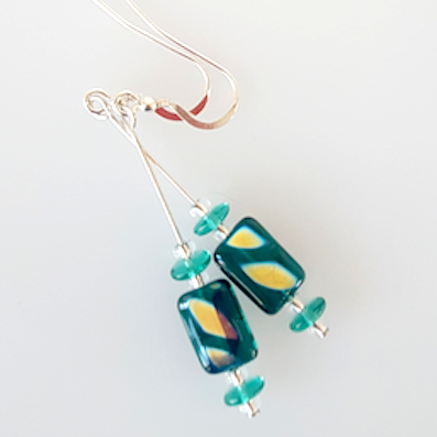 Teal flame lozenge hook earrings