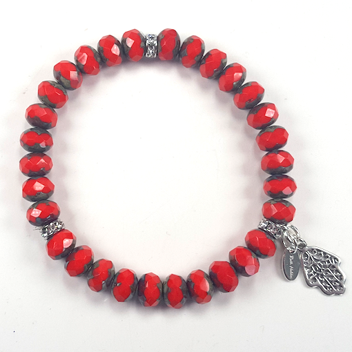 Bright red Czech glass stretch bracelet.