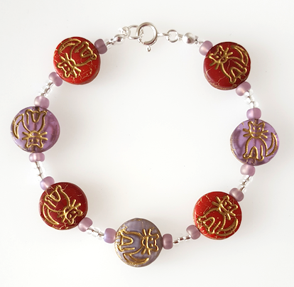 Cats - Red and purple Czech glass bracelet.