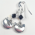 Cats - Pewter/black crystal hook earrings