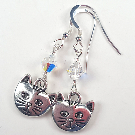 Cats - pewter/crystal hook earrings