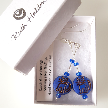 Cats - Blue Czech glass, hook earrings